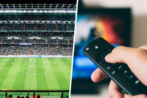 Composición con foto de un campo de fútbol y un mando de televisión