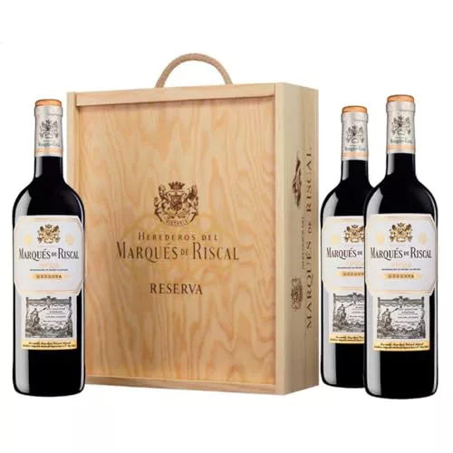 Marques De Riscal Vino tinto Reserva Denominación de Origen Calificada Rioja, Variedad Tempranillo, 24 meses en barrica - Estuche de madera 3 botellas x 750 ml - Total: 2250 ml