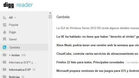 Dentro de Digg Reader: la zona de feeds